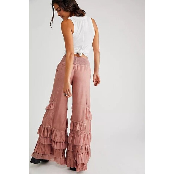 Free People Rock And Frill Pants Ruffle Mauve Tiered Smocked Pull-on S 283589 - Picture 2 of 10